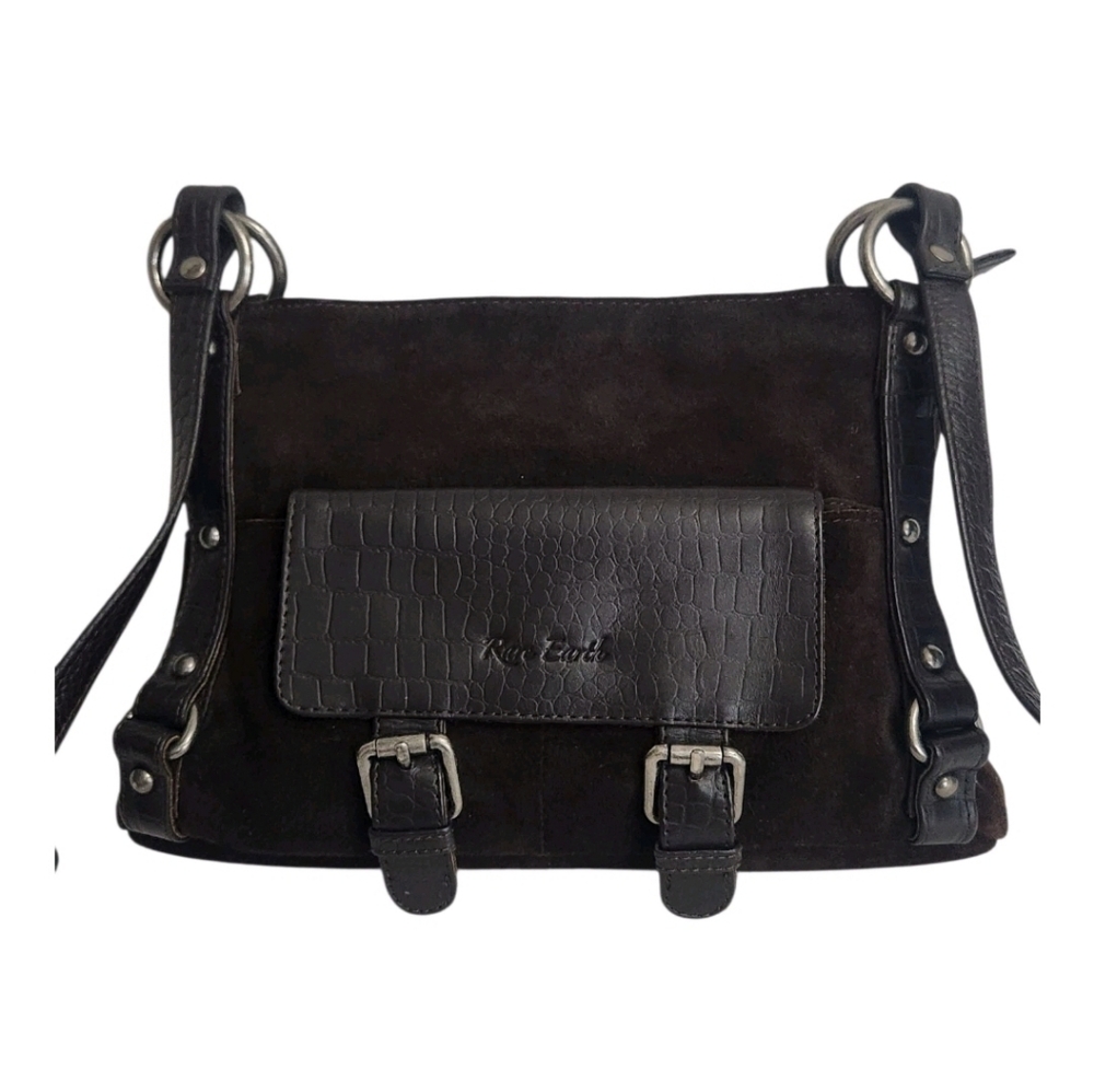 Rare Earth Brown Suede Croc Embossed Leather Details Crossbody Shoulder Bag